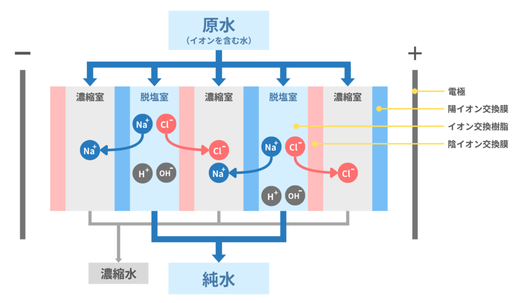 電気式脱塩(EDI)・電気式脱イオン装置の動作原理